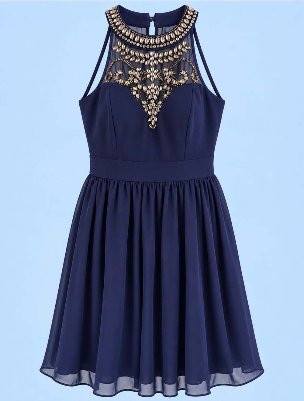 Navy blue dress Junior Women's B. Darlin High Neck Beaded Skater, Sz 11/12